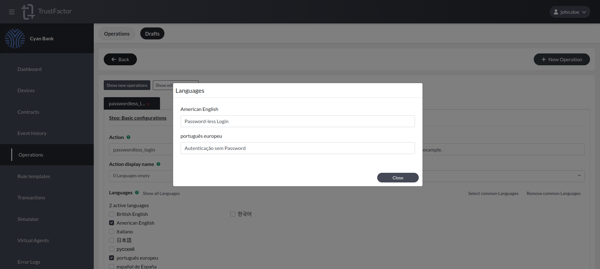 "Password-less Login operation name"